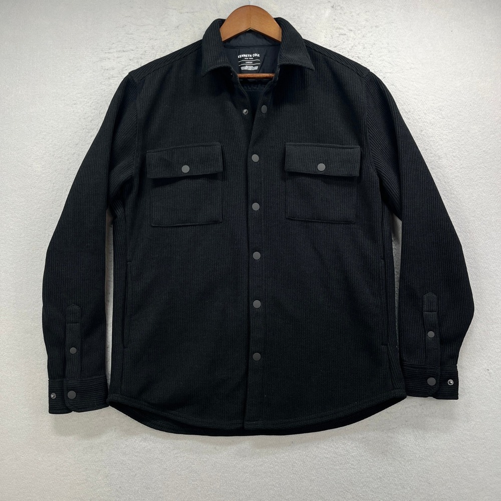 Kenneth Cole Shacket Mens Large Black Waffle Knit Snap Front Utility Work Shirt